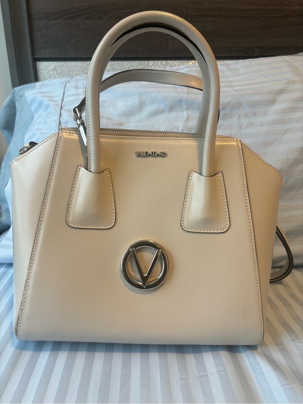 Mario Valentino Cream Leather Top-Handle Satchel with Signature V Emblem